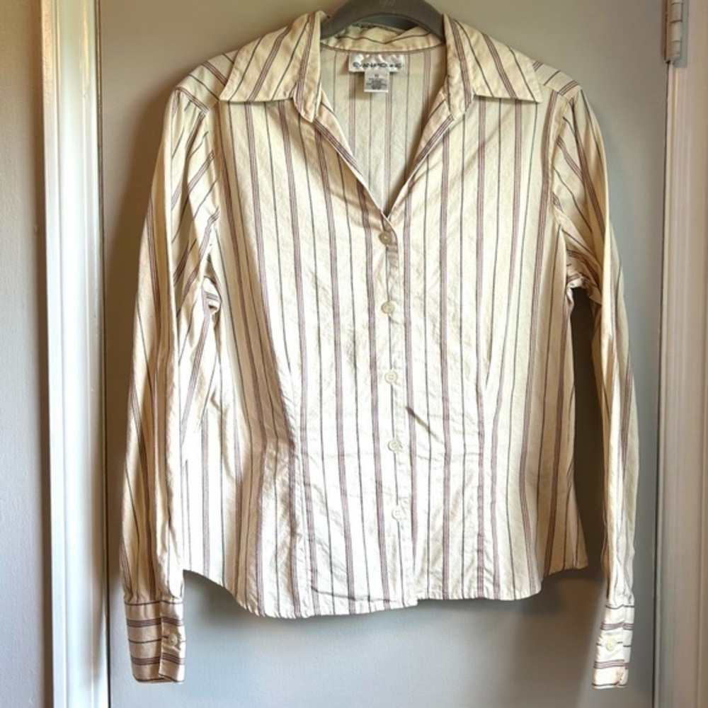 Evan Picone Cream W Red & Black Stripes Cotton Fitted Button Down Blouse Sz 10